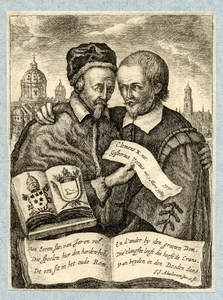39515 Afbeelding van de elkaar omarmende paus Clemens X en professor Gijsbert Voet, geboren 1589, hoogleraar in de ...